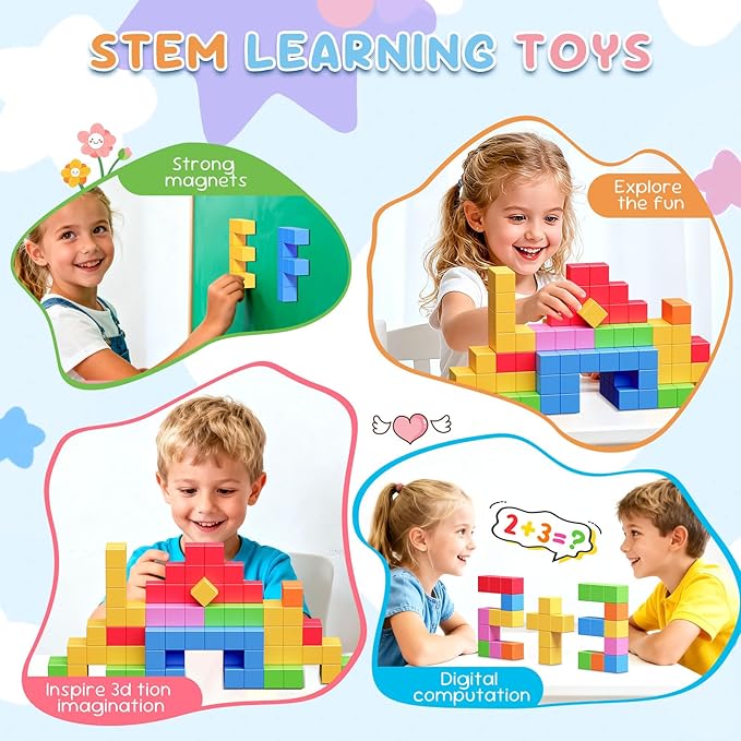 100PCS Magnetic Blocks, Color Magnetic Square for Kids Ages 3+ Boys and Girls, Magnet Blocks STEM Sensory Educational Christmas Birthday Gifts Construction Toys