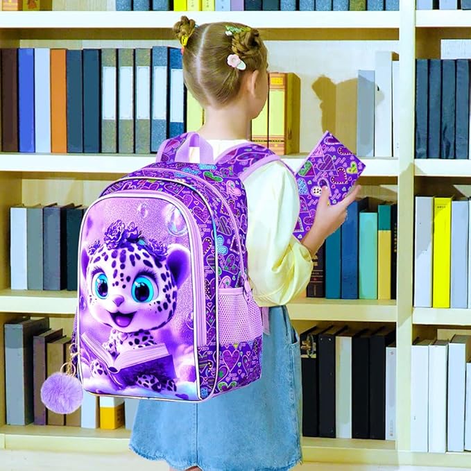 CCJPX 16" Leopard Backpack for Girls, 3Pcs Kids Bookbag with Lunch Box, Water Resistant Elementary School Bag for Kindergarten Preschool Toddler (Purple)