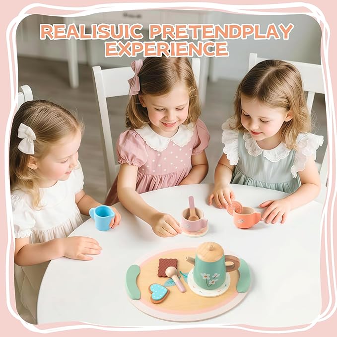 Tea Party Set for Little Girls, Wooden Kids Tea Set with Teapot Cups Coasters Carrying Dessert, Picnic Outdoor Toys Pretend Play Kitchen Accessories for 3 4 5 Years Old