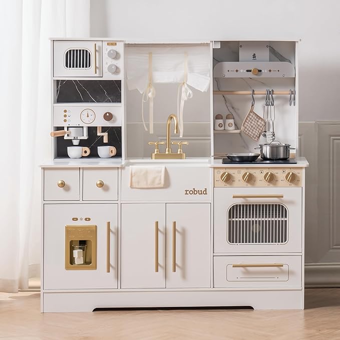 ROBUD Wooden Play Kitchen Set for Kids and Toddlers with Coffee Machine, Ice Maker, Microwave, Oven, Large Cabinet, 12 Accessories, Gift for 3+, White