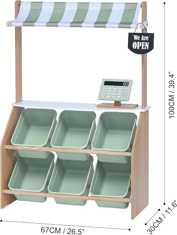 Teamson Kids Little Helper Wooden Farmer's Market Stand with Pretend Cash Register and 6 Plastic Storage Bins, Green, TD-13638A-AMZ