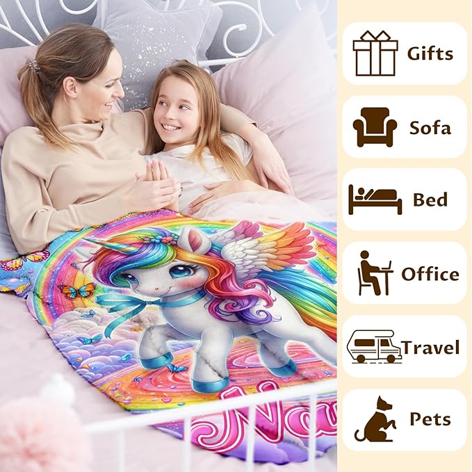 Unicorn Gifts for Girls Women Adults, Personalized Kids Blankets for Birthday Christmas Decor, 80x60 Inches Plush Lightweight Rainbow Unicorn Throws for Bedding Home Room