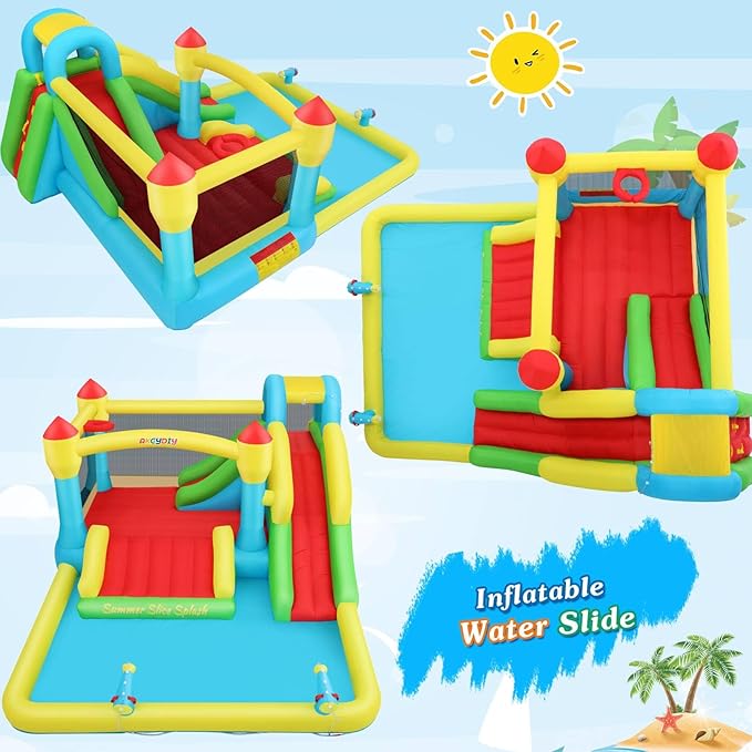 AKEYDIY Bounce House Water Slide, Inflatable Water Slide Park with with Long Slide, Pool, Climbing Wall, Water Gun for Outdoor, Blow up Water Slides Bounce House Castle for Kids Backyard Party Gifts