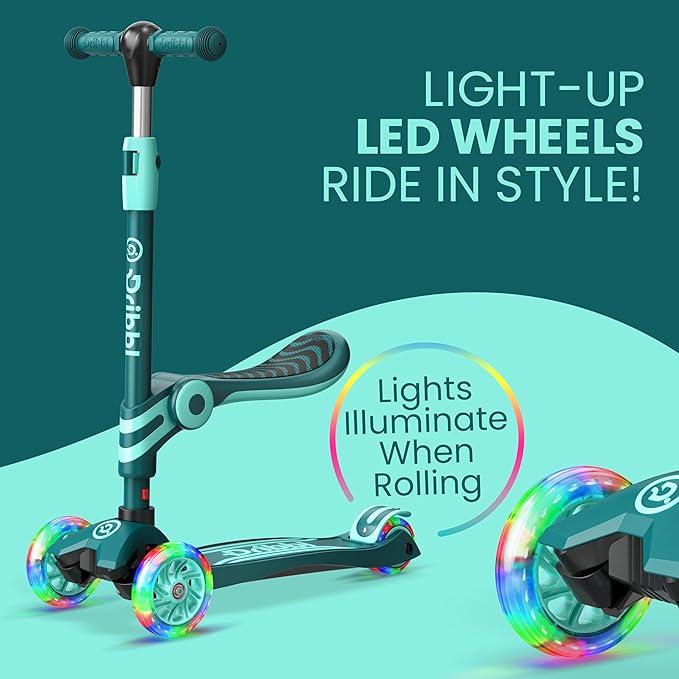 Aqua 3 Wheel Scooter with Seat for Kids – Light-Up LED Wheels, Adjustable Handlebar and Seat, Smooth PU Wheels, Wide Anti-Slip Deck, Rear Foot Brake – Toddler Outdoor Toys for Ages 2+