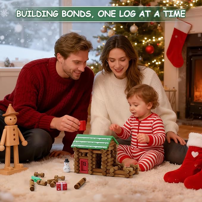 SainSmart Jr. 182Pcs Christmas Wooden Logs Set Building House Toy for Toddlers, Classical STEM Construction Kit Compatible with Lincoln Logs for 3+ Kids
