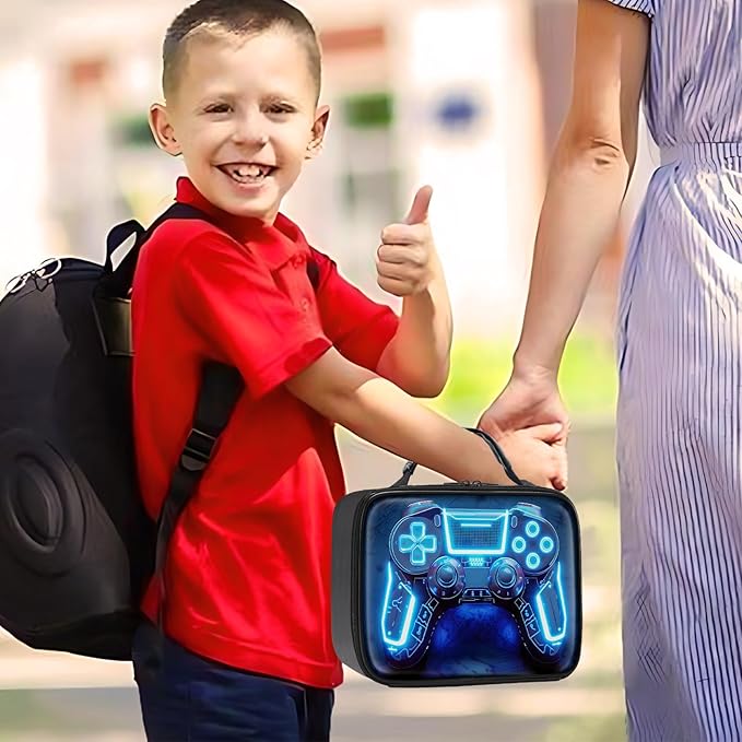 Gamer Lunch Box for Boys,Leather Boys Lunch Bag for Kids,Gamer Gifts for Kids,Insulated Video Game Lunchbox,Reusable Portable Lunchbox for School Travel Picnic Hiking Beach