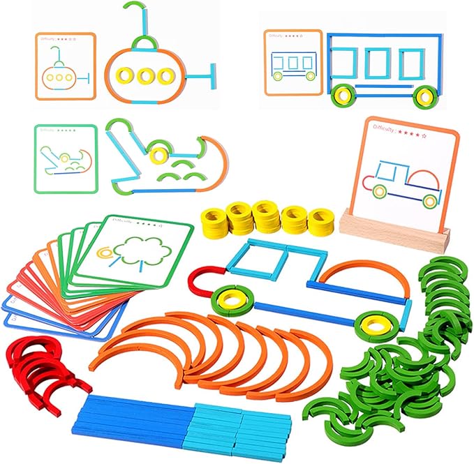 142pcs Wooden Pattern Blocks Montessori Smart Sticks Wooden Tangram Puzzle STEM Toy Activities Preschool Brain Teaser Montessori Toys Gift for 3 4 5 Years Old Kids Boys Girls