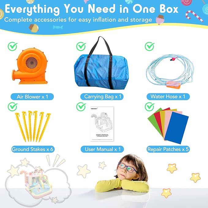 Inflatable Bounce House Water Slide, 6 in 1 Sweet Candy Water Park, Wet Dry Combo Bouncy Castle with 450W Blower, Splash Pool, Water Slide for Kids and Adults Backyard Party Gifts