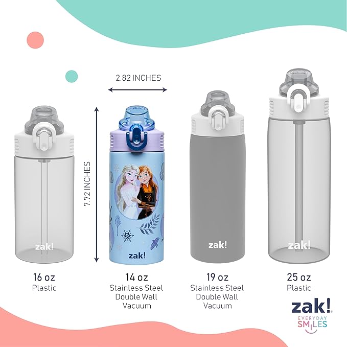 Zak Designs Disney Frozen Sage Kids Water Bottle For School or Travel, 14oz Stainless Steel Water Bottle With Straw, Handle, and Leak-Proof, Pop-Up Spout Cover (Anna & Elsa)