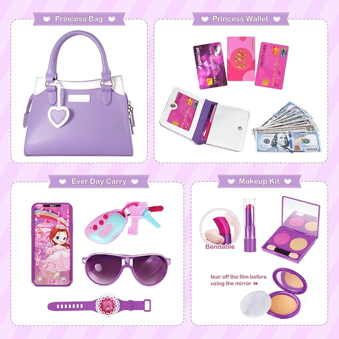 Shemira Play Purse for Little Girls, Princess Pretend Toys for Girls 3 4 5 6 7 8 Years Old, Christmas & Birthday Gift , Toddler Purse with Accessories, Kids Toy Purse, Purple