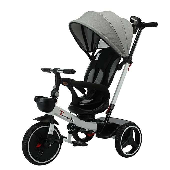 Baby Tricycle,6-in-1 Baby Push Bike Steer Stroller,Learning Toddler Bike/Detachable Guardrail,Adjustable Canopy,Safety Harness,Folding Pedal,Storage Basket,Brake,Shock Absorption