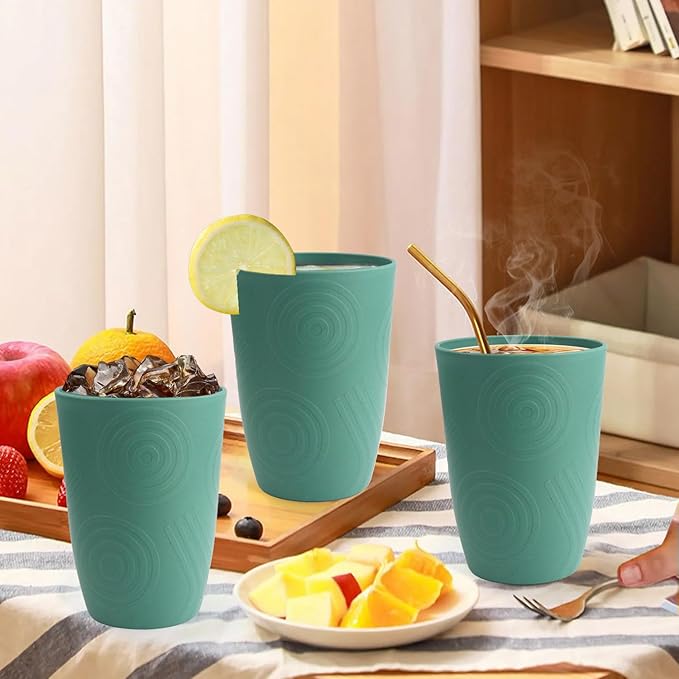 Drinking Cups Set Wheat Straw Cups 16 OZ - Reusable Water Cups Plastic Drinking Glasses 6 PCS Dishwasher Safe Cup Unbreakable Kitchen Cup for Camping, Outdoor Activities -Green