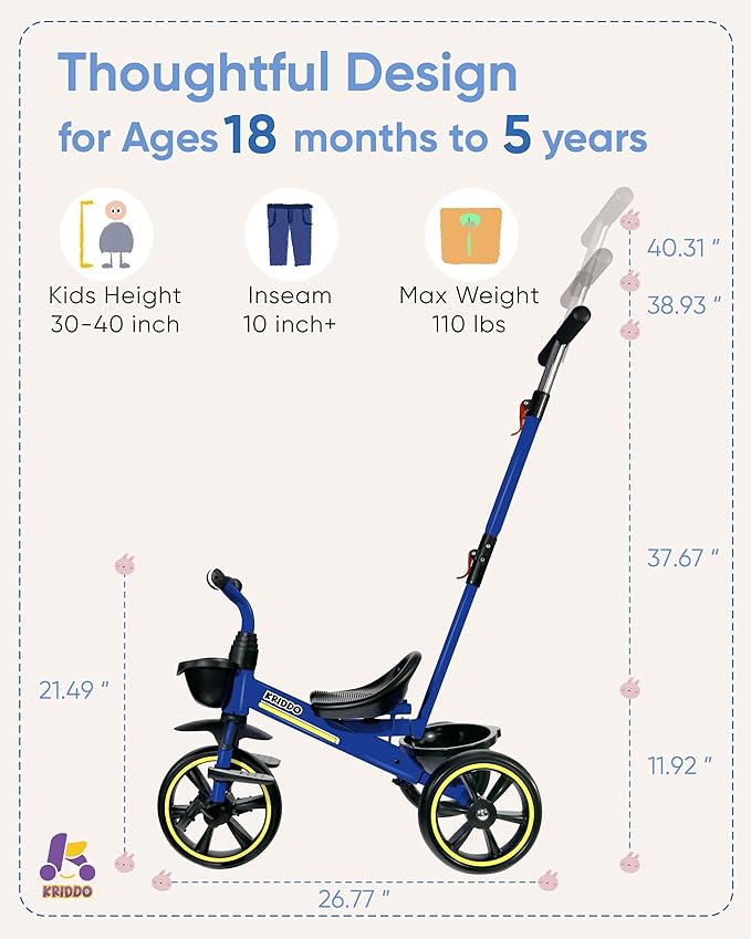 KRIDDO 2-in-1 Toddler Tricycle for Ages 18 Months to 5 Years Old - Extended Push Handle for Effortless Push, Gift Trike for Toddler 3 to 5 Year, Kids Tricycle with Foldable Front Footrest, Blue