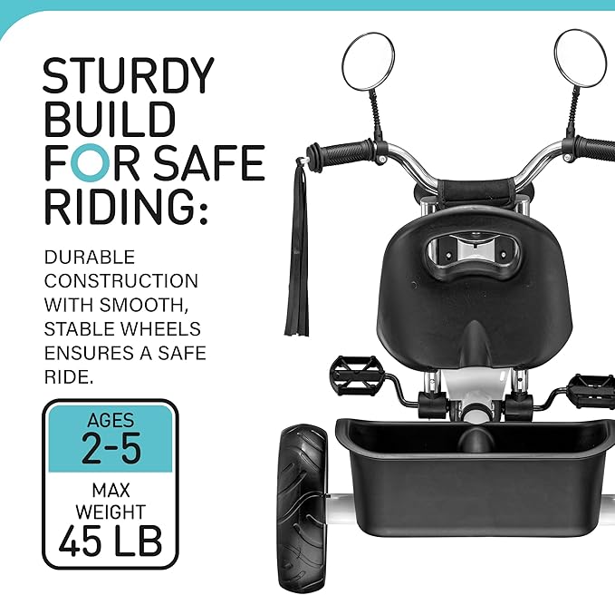 Toddler Kids Tricycle for 2-4 Year Olds - Motorcycle Style Trike W LED Headlight, Tassels & Rear Storage, Gift for Boys & Girls (White)