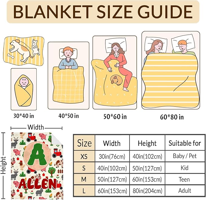 Kids Blanket Gift for Boys, Personalized Farm Throw Blanket for Kids Toddler Boys Age 6-8, Custom Name Initial Letter Monogram Soft Fuzzy Blankets for Bed Couch Sofa Decor