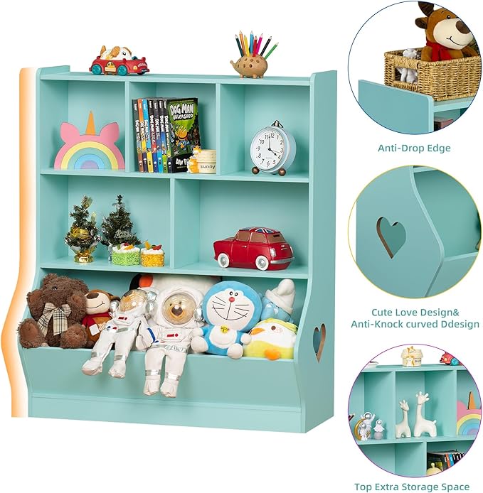 Lerliuo Kids Toy Storage Organizer, 3 Tier Children Small Bookcase and Bookshelf, Toddler 7 Cubby Toy Storage Cabinet, Toy Shelf for Playroom, Bedroom, Living Room, Nursery, School 29.53'' H (Green)