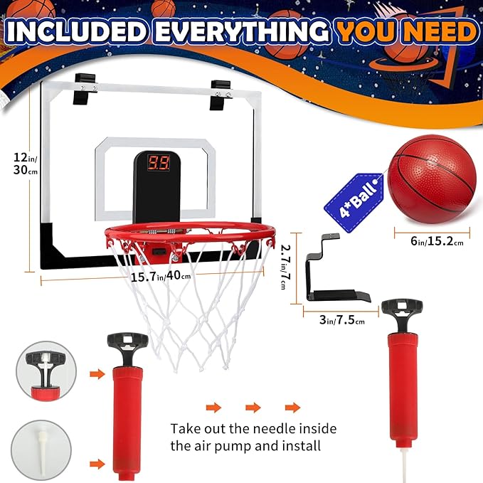 Mini Basketball Hoop Set for Kids Adults, Indoor Play Wall Mount Basketball Hoop for Door with 4 Small Replacement Toddler Basketballs, ABS Backboard Metal Rim Goal Sport Gifts for Pool Game Fun