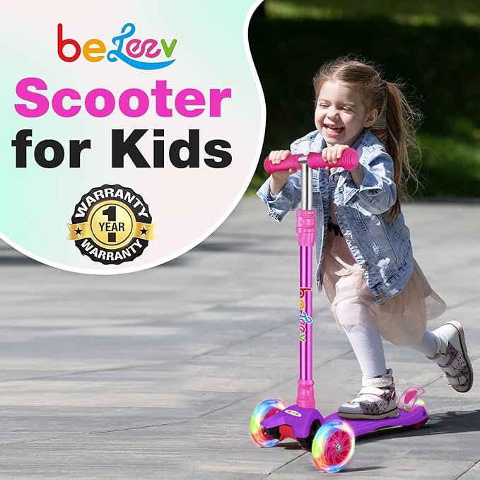 BELEEV Scooters for Kids 3 Wheel Kick Scooter for Toddlers Girls Boys, 4 Adjustable Height, Lean to Steer, Light up Wheels, Extra-Wide Deck, Easy to Assemble for Children Ages 3-12 (Rose Pink)