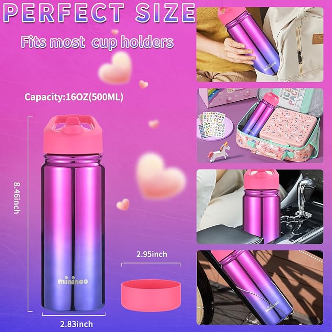Mininoo Kids Water Bottle, Girls Water Bottles for School, 16oz Metal Water Bottle Kids with Straw Lid