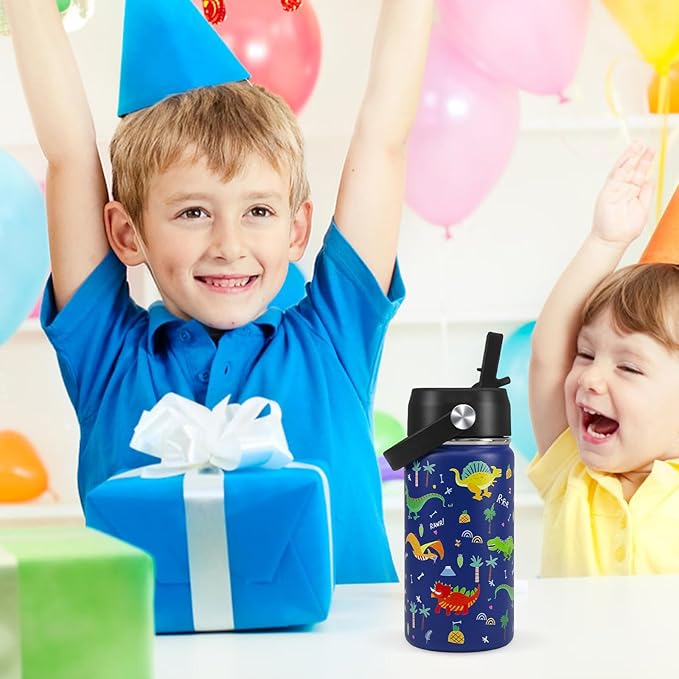 2Pack Kids Water Bottle With Straw Lid,14 oz Stainless Steel Travel Bottle,Double Wall Leak Proof Kids Cup,Insulated Tumbler for Toddlers,Metal Bottle for School Boys Girls(Bow+Dinosaur)