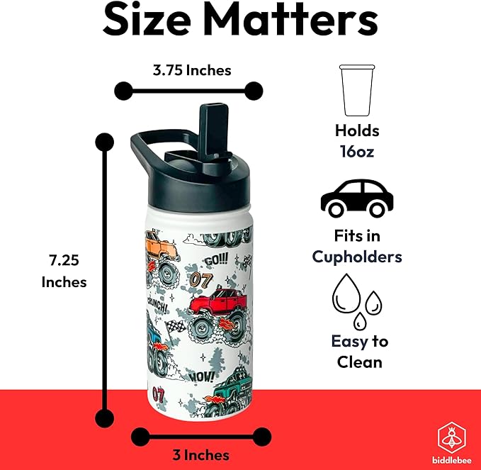 Biddlebee Kids Water Bottle with Straw Lid – 14oz Insulated Stainless Steel Bottle for School – Leakproof Cap with Handle & Touch-Free Spout – For Boys & Girls