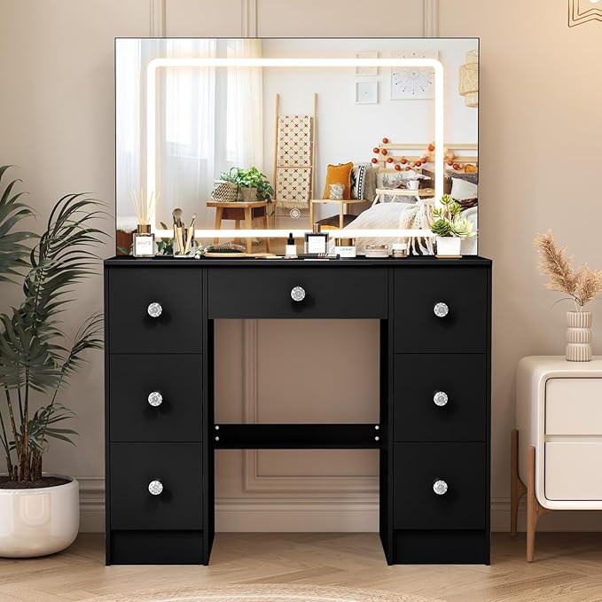 Black Vanity Desk with Large Mirror and Lights, 39.4''W Makeup Vanity with 3-Color Light Adjustable Brightness, 7 Drawers & Open Shelves, Big Vanity Desk for Bedroom, Girls & Women, 3429LED