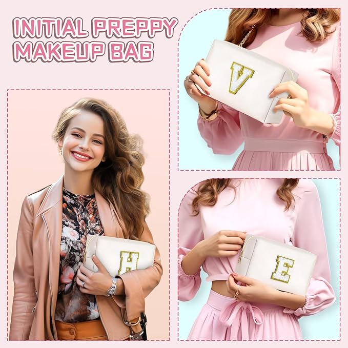 TOPEAST Initial Cosmetic Bag for Women, Preppy Small Makeup Bag, PU Leather Waterproof Toiletry Bag, Monogrammed Birthday Gifts for Women, Stuff for girls (White S)