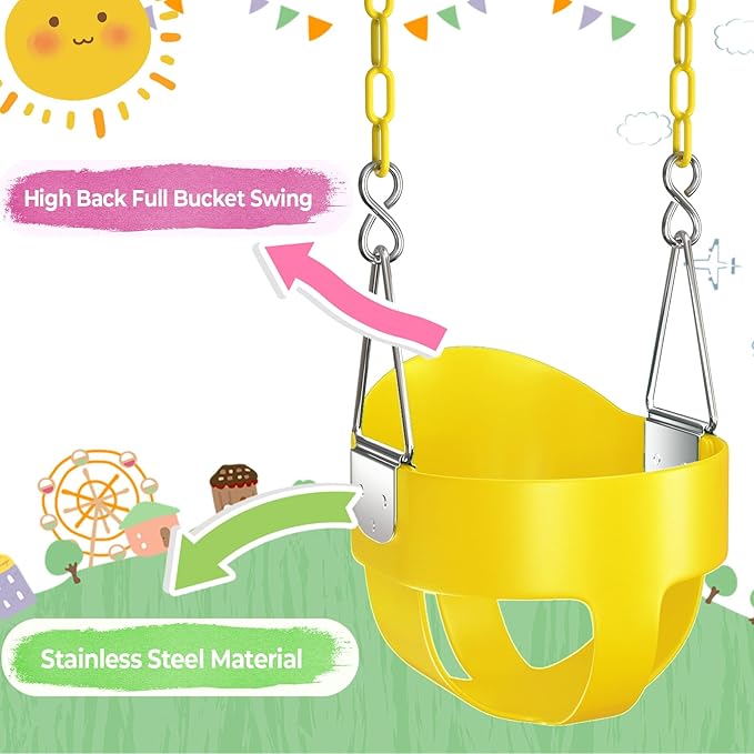 AGPTEK High Back Full Bucket Toddler Swing Seat Infant Swing with Yellow Coated Swing Chains and Carabiners Baby Swing Outdoor for Easy Install(Yellow)