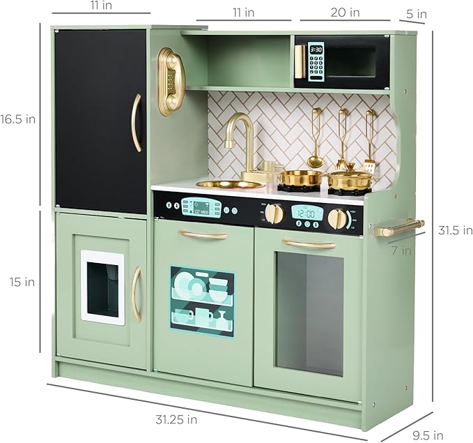 Best Choice Products Pretend Play Kitchen Wooden Toy Set for Kids w/Realistic Design, Telephone, Utensils, Oven, Microwave, Sink - Sage