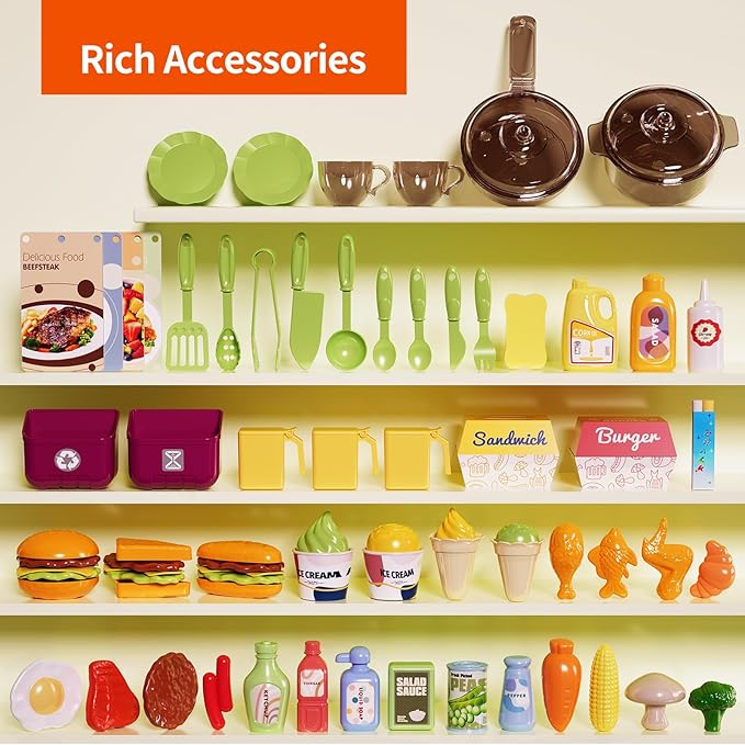 Kids Kitchen Playset, Play Kitchen with Electric Stove, Grill, Sink, Play Food, ToyKitchen Accessories, Kitchen Interactive Play with Lights Sound Steam, Cooking Toys for Toddler Kid Gifts