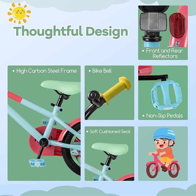 BABY JOY Colorful Macarons Kids Bike, 12 14 16 18 Inch Sporty Children's Bicycle with Training Wheels, Adjustable Handlebar & Saddle, Handbrake & Coaster Brake, Boys Girls Bike for 3-8 Years Old