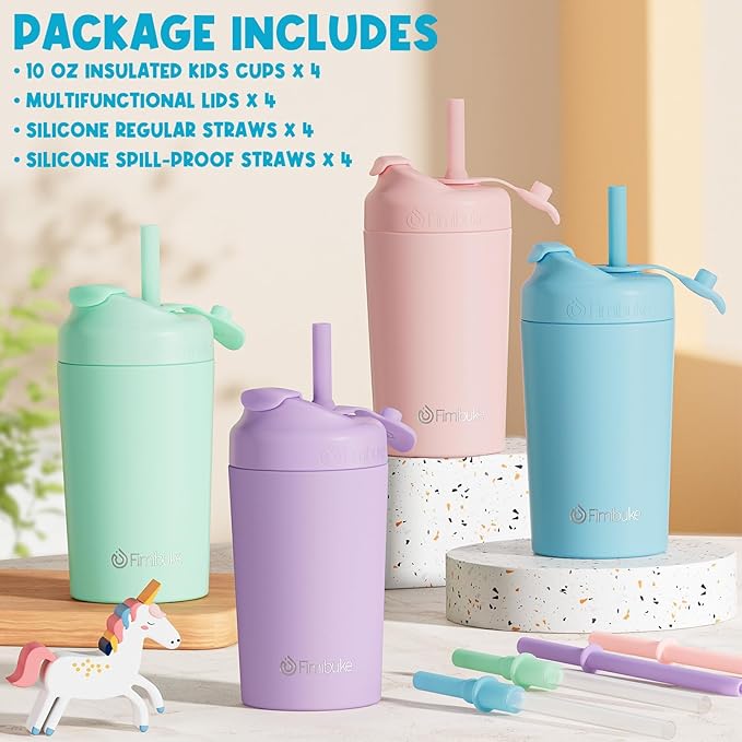 Fimibuke Kids & Toddler Cups, 10 OZ Spill Proof Straw Cups for Toddlers, 4 Pack Leak-Proof Kid Insulated Tumbler with Screw-On Lid & Silicone Straw with Stopper, Stainless Steel Sippy Cup for Girl Boy