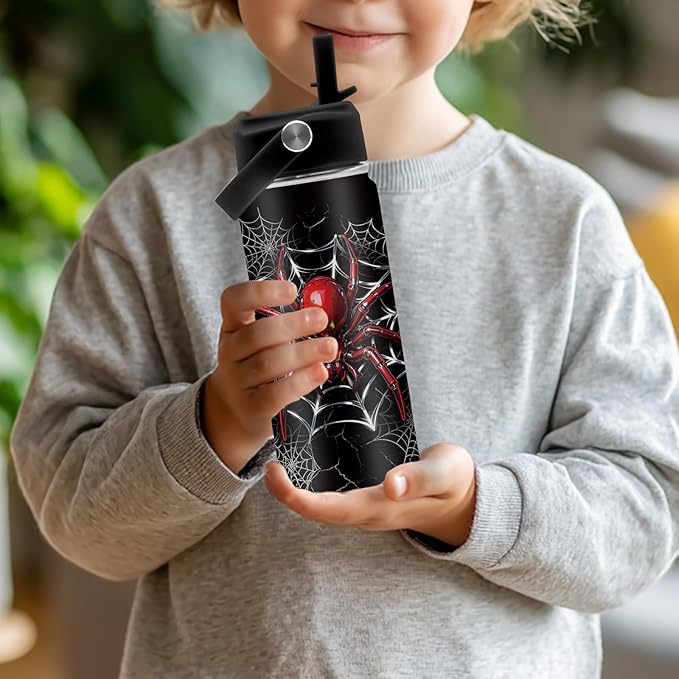 Spider Gifts for Boy, 16 oz Water Bottles with Straw Lid, Spiders Webs Stainless Steel Insulated Water Bottle, Spider Cup Gifts for Birthday Christmas