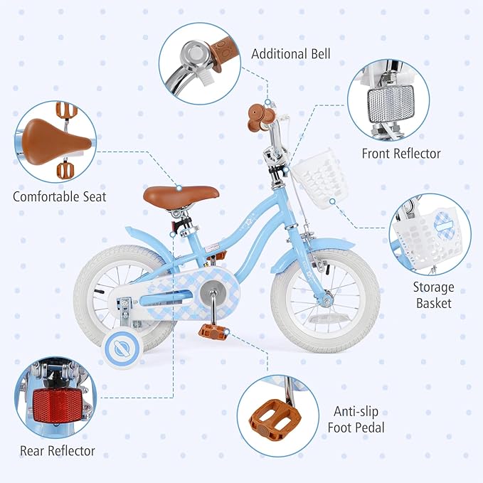 BABY JOY Kids Bike, 12 14 16 18 20 Inch Boys Girls Bike w/Adjustable Seat, Removable Basket, Handbrake & Coaster Brake, Training Wheels or Kickstand, Kids Bicycle with Multi-Color