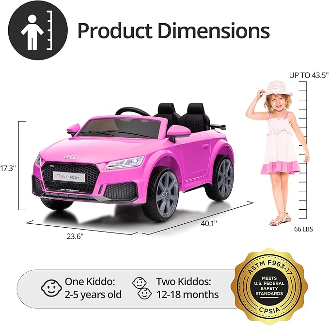 Licensed Audi TTRS Electric Kids Car, 12V Kids Ride-on Toy Car for Toddlers with Remote - Pink