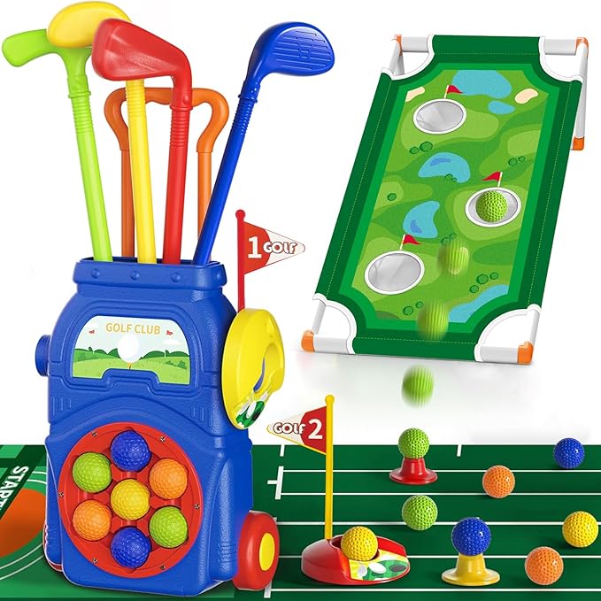 KINGTOP Toddler Golf Set with Putting Mat & Cornhole Board, Kids Golf Clubs 3-5 Years Old with 10 Balls, 4 Clubs, 2 Holes & Cart, Indoor Outdoor Toddler Sports Toys