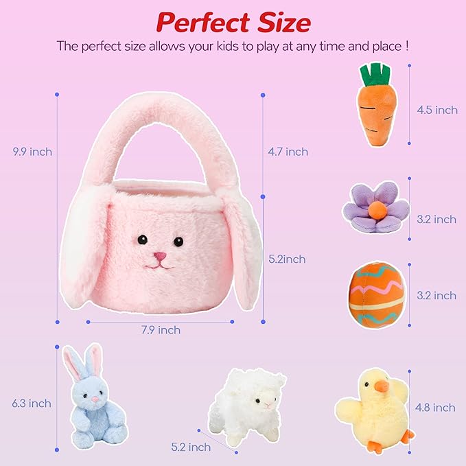7 Piece Plush Stuffed Animals Playset Toys with Rabbit, Chick, Lamb, Carrot, Egg, Flower, Furry Bag, Soft Basket Set Toys for Girls Kids Ages 3+, Birthday Christmas Valentines Easter Party Favors