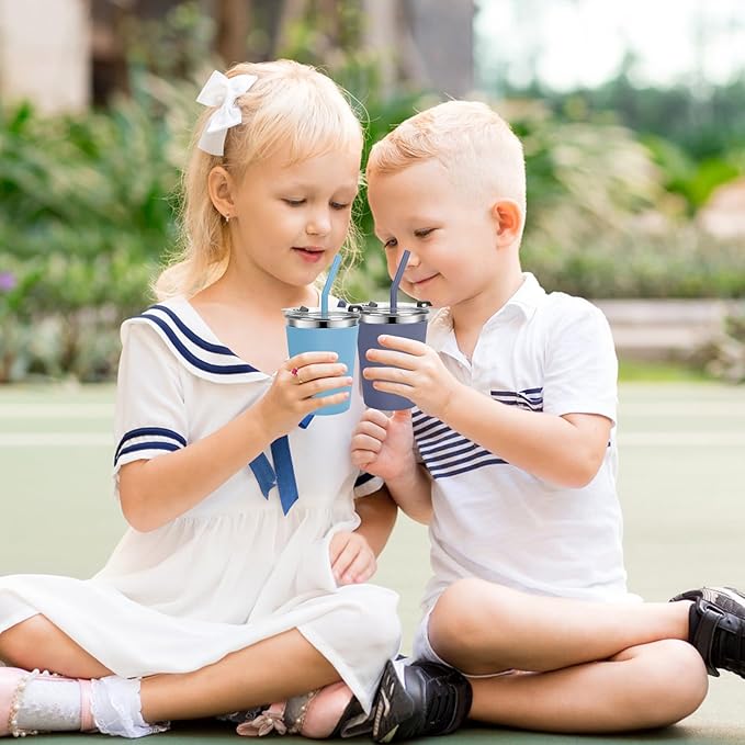Kids Cups with Straws and Lids Leak Proof, 12oz Sippy Cups for Toddlers 1-3, Spill Proof Cup Stainless Steel Kids Cups with Lids for Home School, Outdoor, 4 Pack