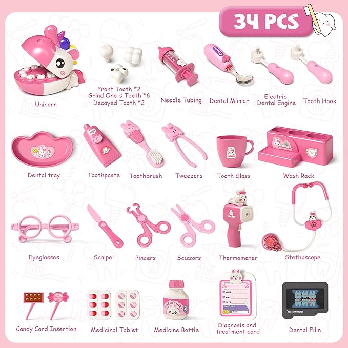 34 PCS Dentist Play Set Toys for Girls, Doctor Kit for Kids Toddlers Ages 2-4 3-5, Pretend Play Toy for Girl Age 4-6, Dentist Toy with Light & Sound, Birthday Gifts for 3 4 5 6 7 8 Year Old Girls