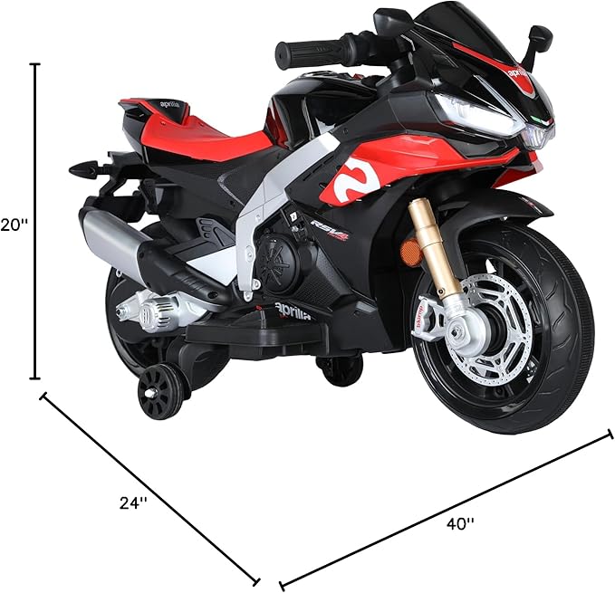 12V Kids Motorcycle, Electric Motorcycle for Kids with Long Battery Life, Top Speed to 3mph, Aprilia Licensed Ride On Motorcycle with EVA Wheels, Training Wheels, Large Seat-Black