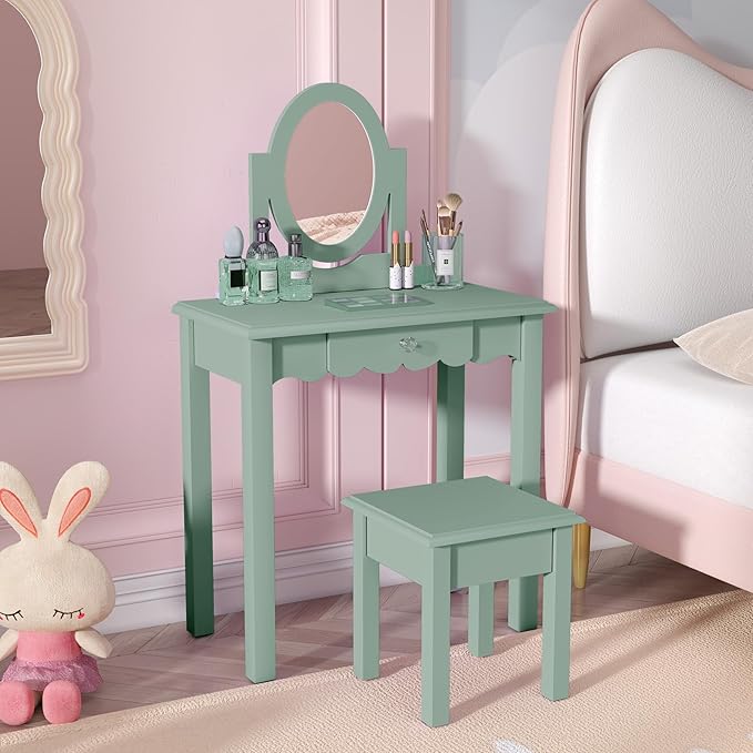 HLR Kids Vanity,Little Girls Vanity Set with Mirror and Stool,Wooden 2 in 1 Princess Makeup Desk Dressing Table with Detachable Top, Toddler Vanity Dresser Set with Drawer for Little Girls,Green