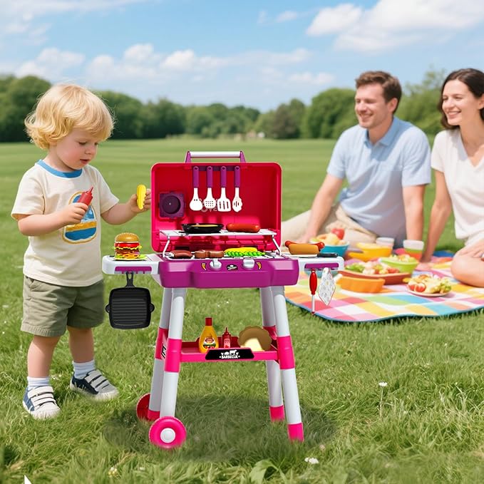 Kid Toy Grill, BBQ Grill Playset with Light Sound, Smoke Effect and 2 Wheels, Pretend Food, Little Chef Play Kitchen Accessories, Birthday for Boys Girls Ages 3 4 5 6 7 8
