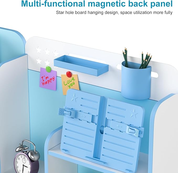 Upgraded Kid's Desk and Chair Set, Adjustable Children's Study Table with Bookshelf and Storage Drawer, 50-Degree Tiltable Desktop with Chair for Bedroom (Blue not Leaning)
