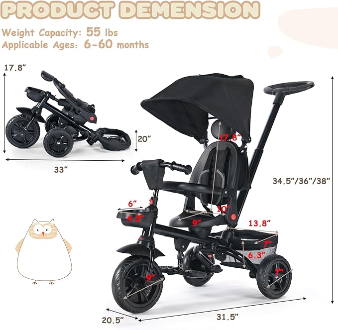 Folding Kids' Tricycle, 8 IN1 Baby Trike W/Removable Canpoy&Parental Push Rod, Toddler Bike Stroller for Kids 1-5 Years, 360° Swivel Seat, EVA Wheels,Storage Basket, Black