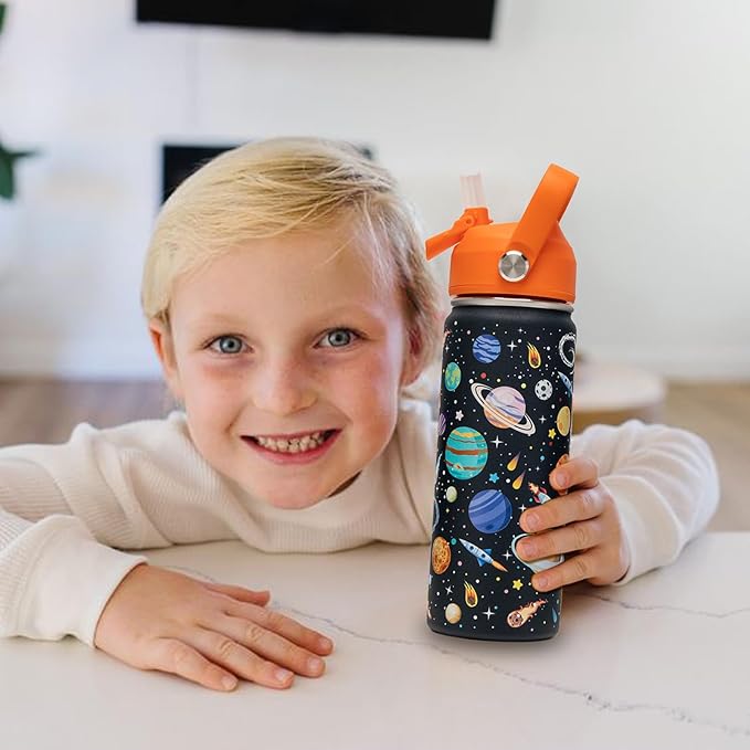18oz Kids Insulated Water Bottle with Straw Lid - 18/8 Stainless Steel Kid Cup BPA-FREE Travel Tumbler Double Wall Vacuum Leak Proof Portable Toddler Water Bottle (Space)