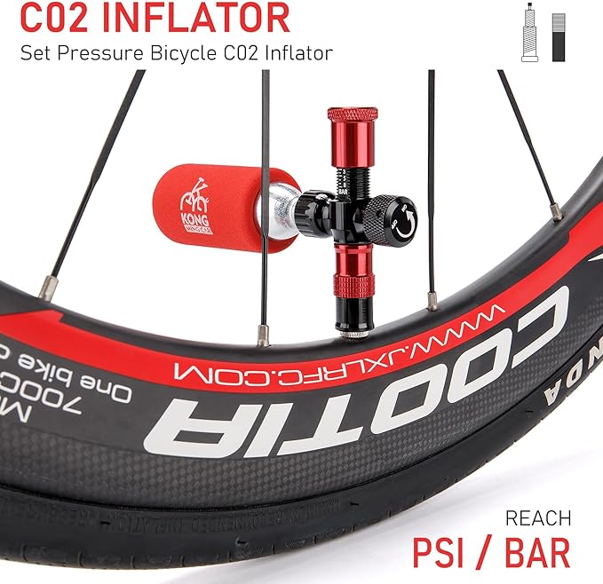 CO2 Inflator Kits with 6 X 16g / 25g CO2 Threaded Cartridges for Bike Tires, Presta and Schrader Valve Compatible, CO2 Bike Tire Pump for Mountain and Road Bicycles