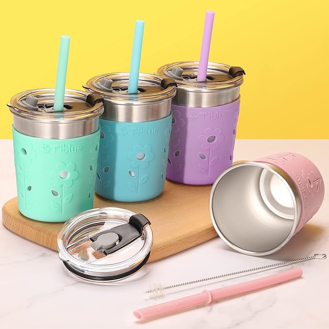 Tiblue Kids & Toddler Cups, Spill Proof Stainless Steel Smoothie Tumblers with Leak Proof Lids, Silicone Straw with Stopper & Sleeve, BPA FREE Snack Cup for Baby Girls Boys(4 Pack, 8oz Multicolor)