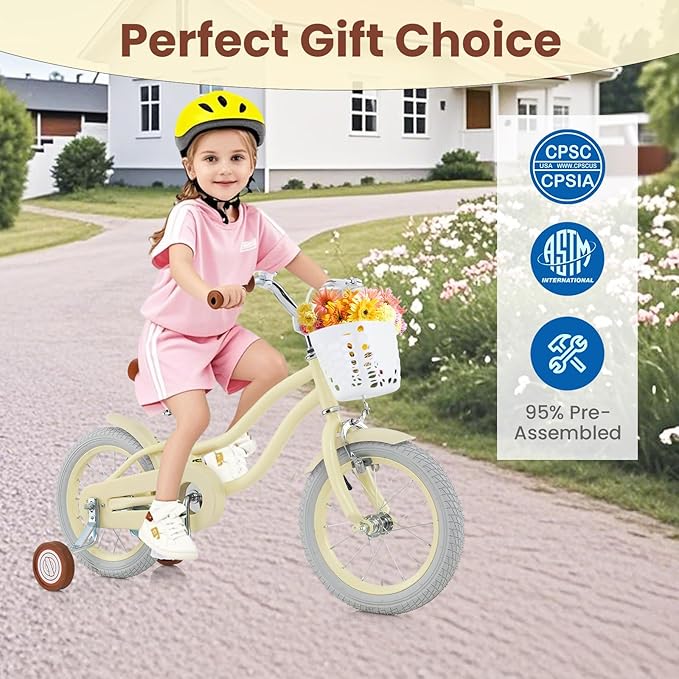 COSTWAY Kids Bike, 12 14 16 18 Inch Toddler Bike Children Bicycle w/Training Wheels, Hand & Coaster Brakes, Adjustable Saddle & Handlebar, Basket, Bell, Kids Bicycle for Girls Boys Aged 3-8 Years Old