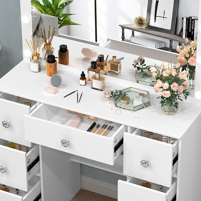 White Vanity Desk with Large Lighted Mirror, 39.4''W Makeup Vanity Desk with Lighted Mirror, Drawers, 3-Color Adjustable Brightness, Big Vanity Desk Dressing Table for Bedroom, Girls, Women Gifts