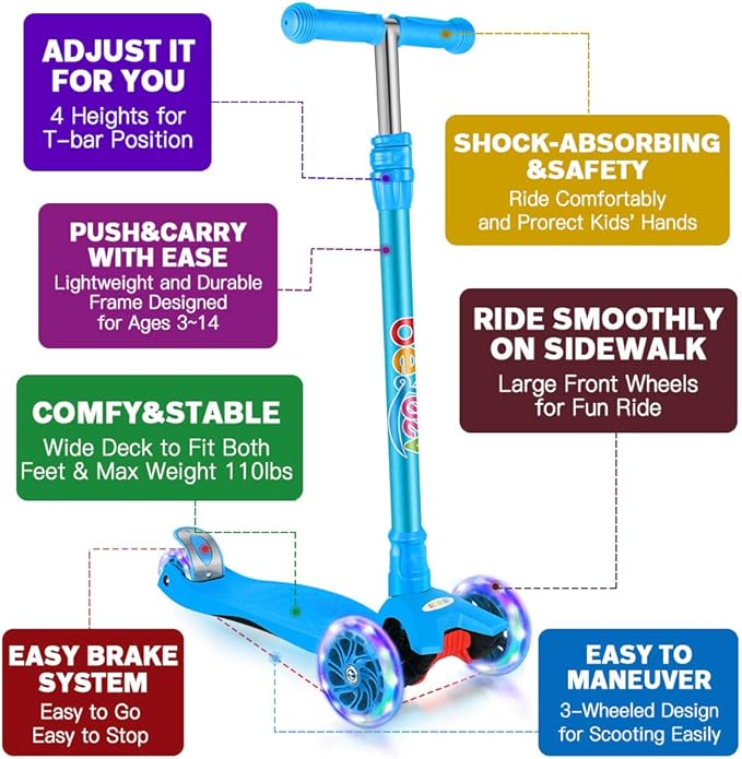 BELEEV Scooters for Kids 3 Wheel Kick Scooter for Toddlers Girls Boys, 4 Adjustable Height, Lean to Steer, Light up Wheels, Extra-Wide Deck, Easy to Assemble for Children Ages 3-12 (Rose Pink)